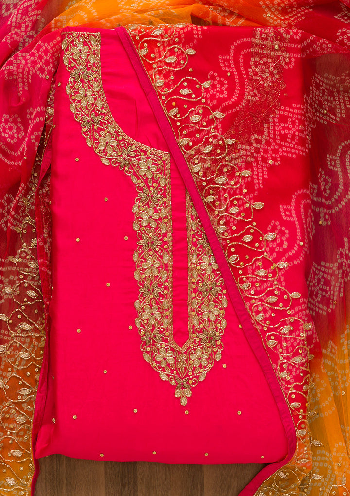 Rani Pink Cutdana Semi Crepe Unstitched Salwar Suit-Koskii