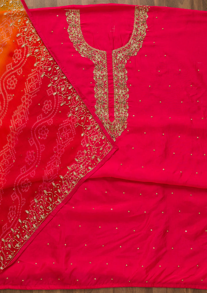 Rani Pink Cutdana Semi Crepe Unstitched Salwar Suit-Koskii