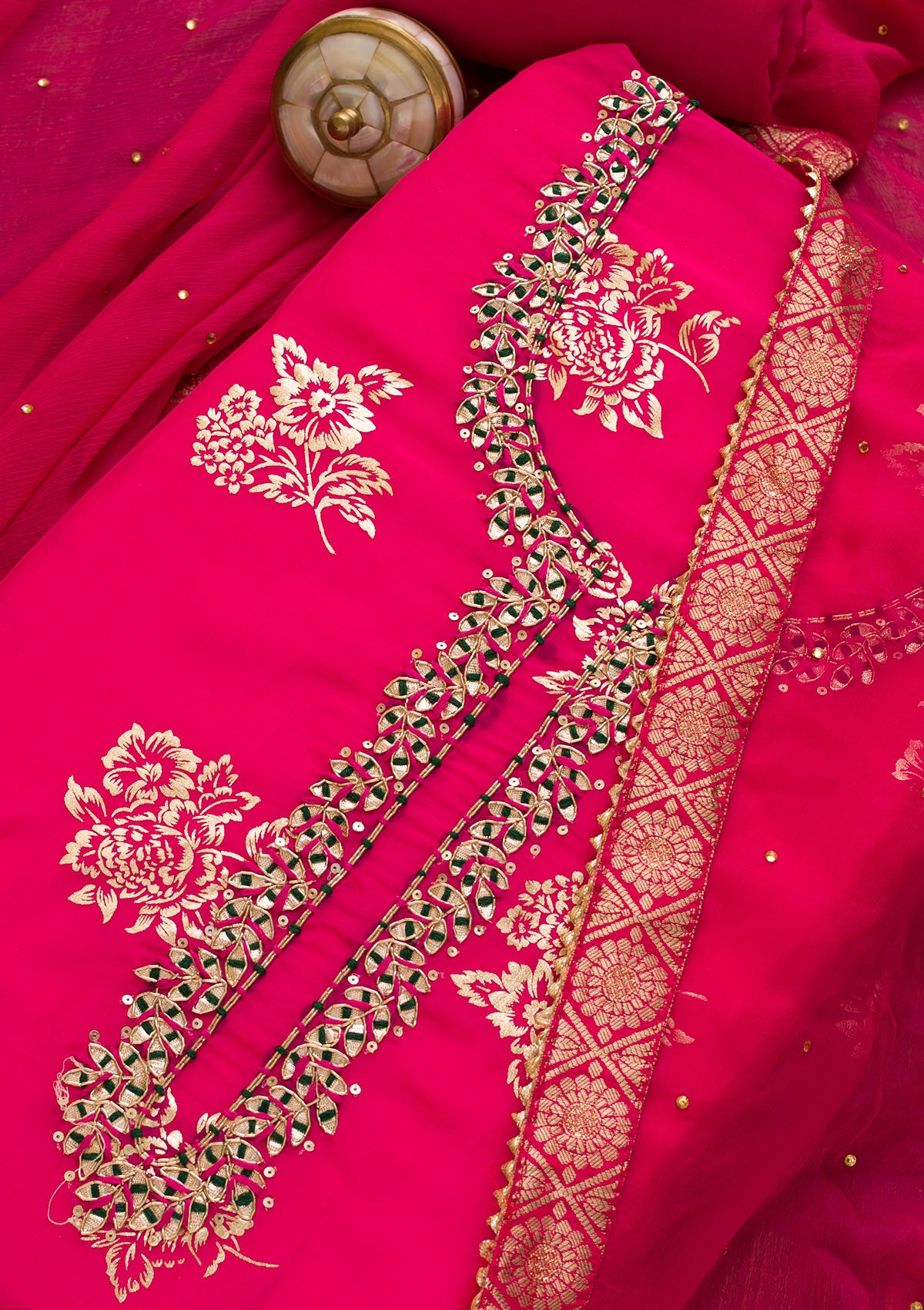 Rani Pink Gotapatti Organza Unstitched Salwar Suit-Koskii