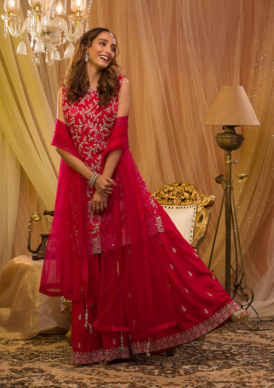 Rani Pink Silver Zariwork Raw Silk Readymade Salwar Suit-Koskii