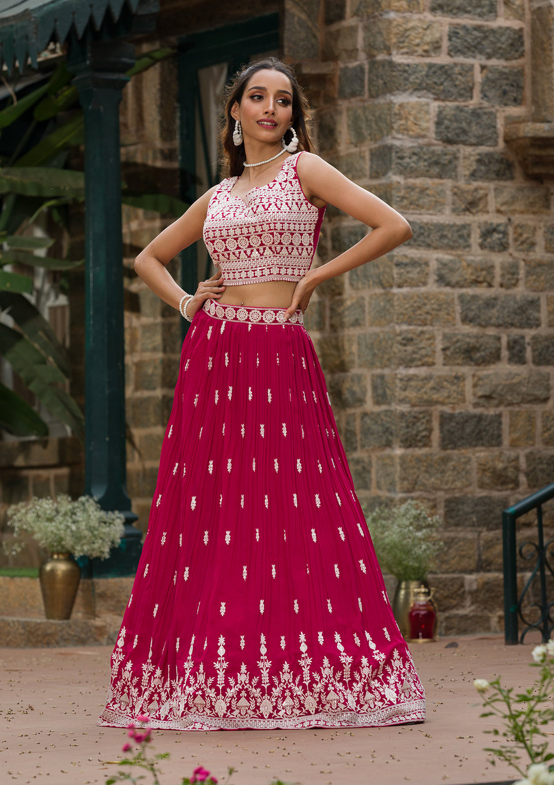Rani Pink Threadwork Georgette Readymade Lehenga Set-Koskii