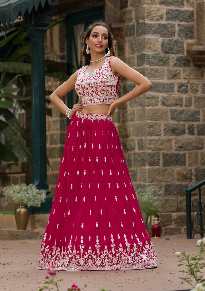 Rani Pink Threadwork Georgette Readymade Lehenga Set-Koskii