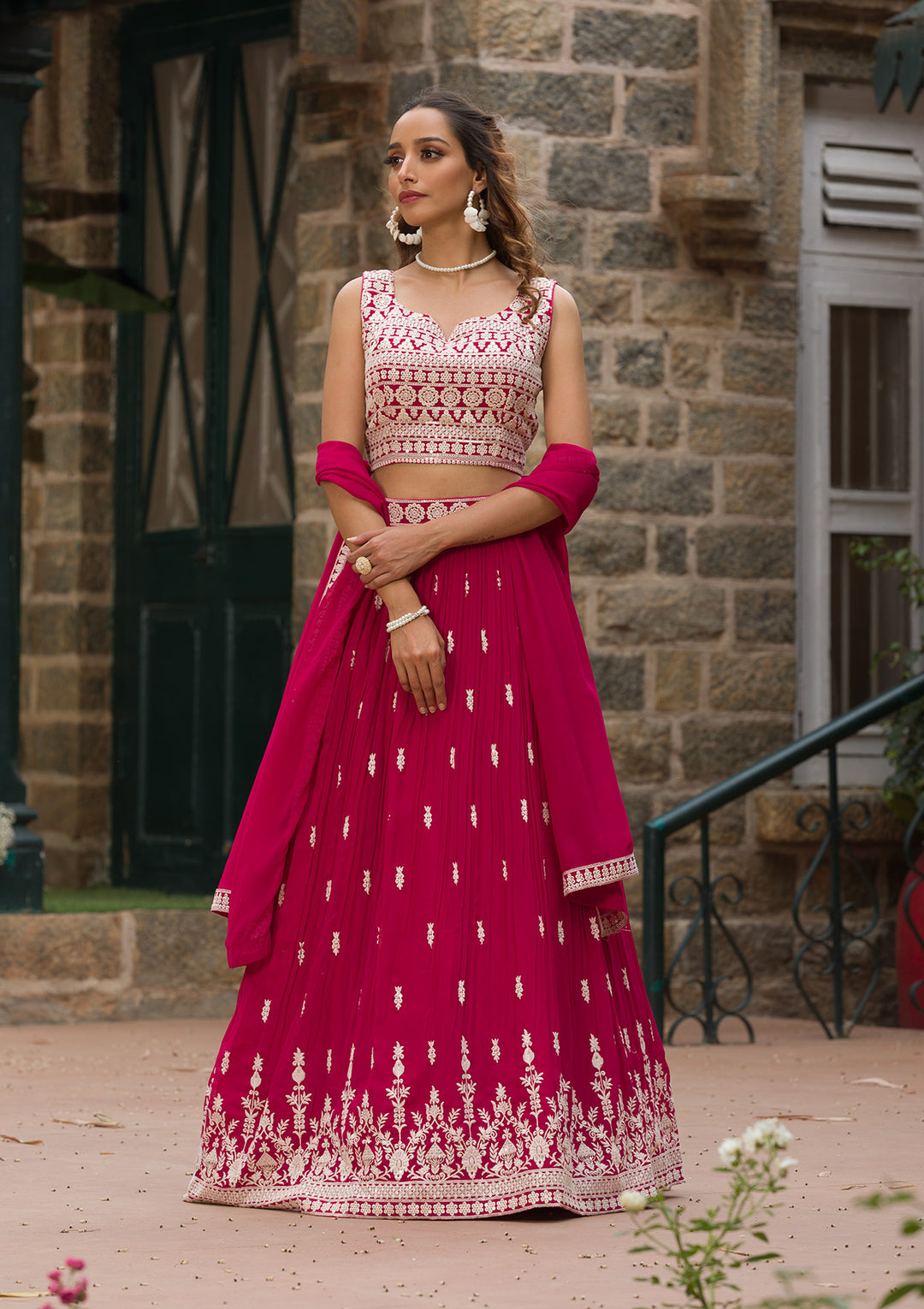 Rani Pink Threadwork Georgette Readymade Lehenga Set-Koskii