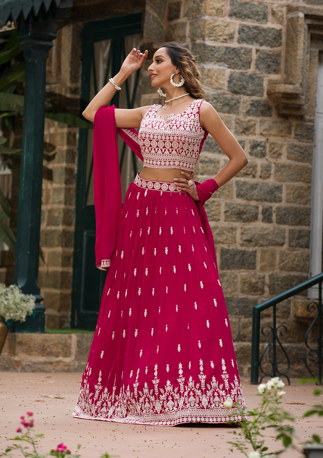 Rani Pink Threadwork Georgette Readymade Lehenga Set-Koskii
