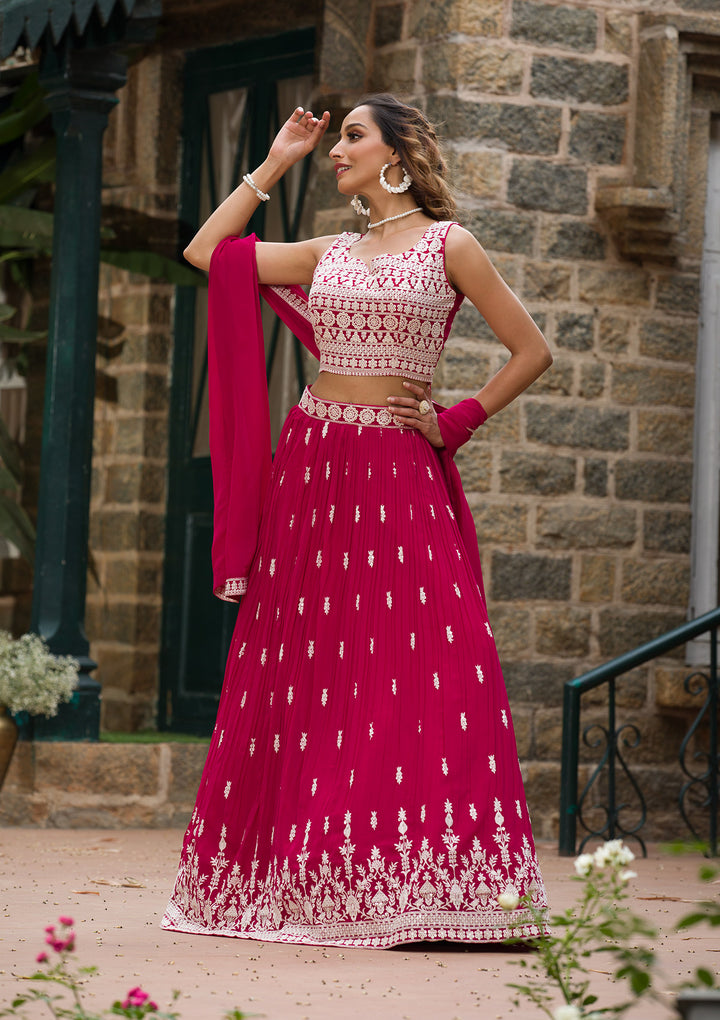 Rani Pink Threadwork Georgette Readymade Lehenga Set-Koskii