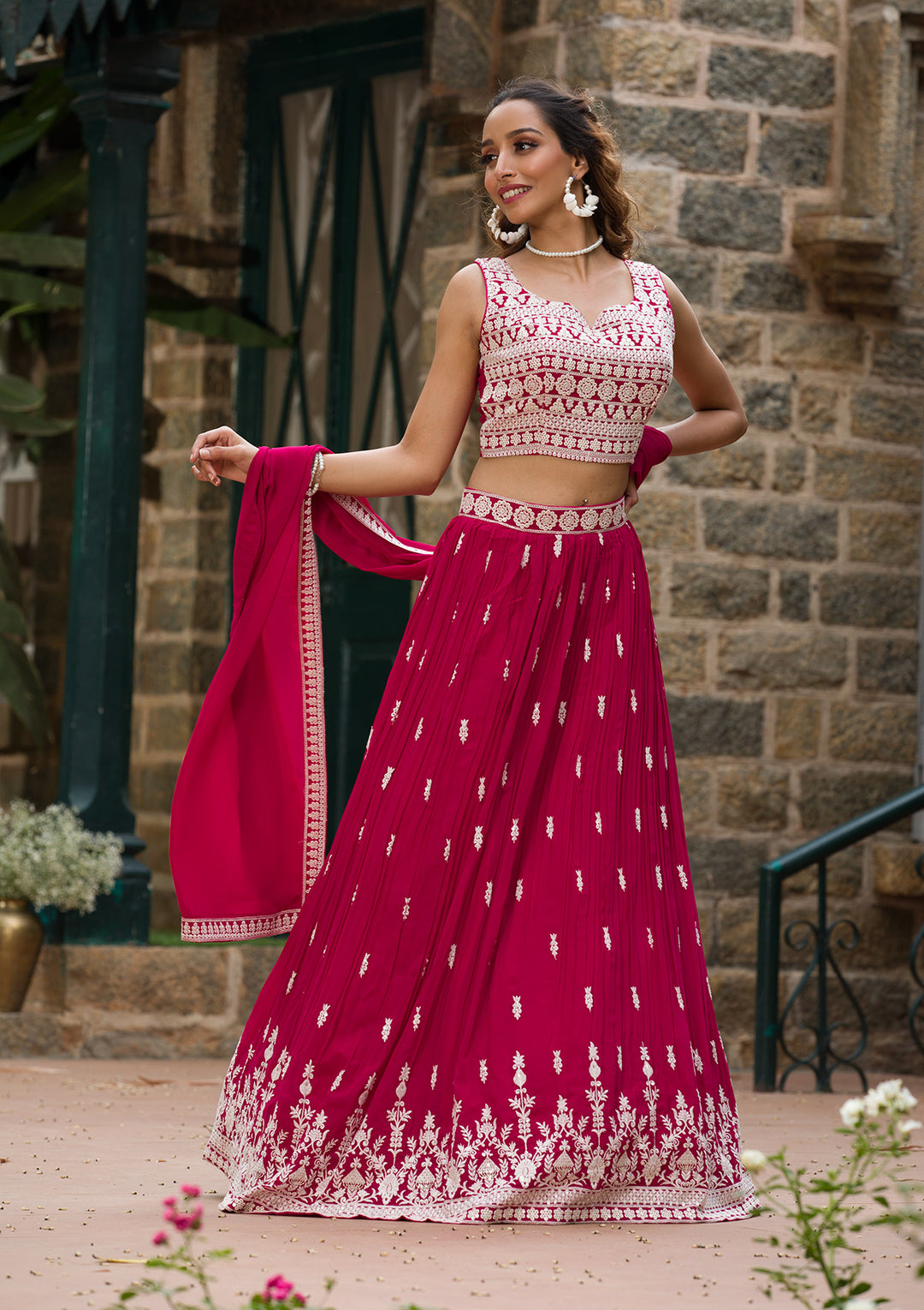Rani Pink Threadwork Georgette Readymade Lehenga Set-Koskii
