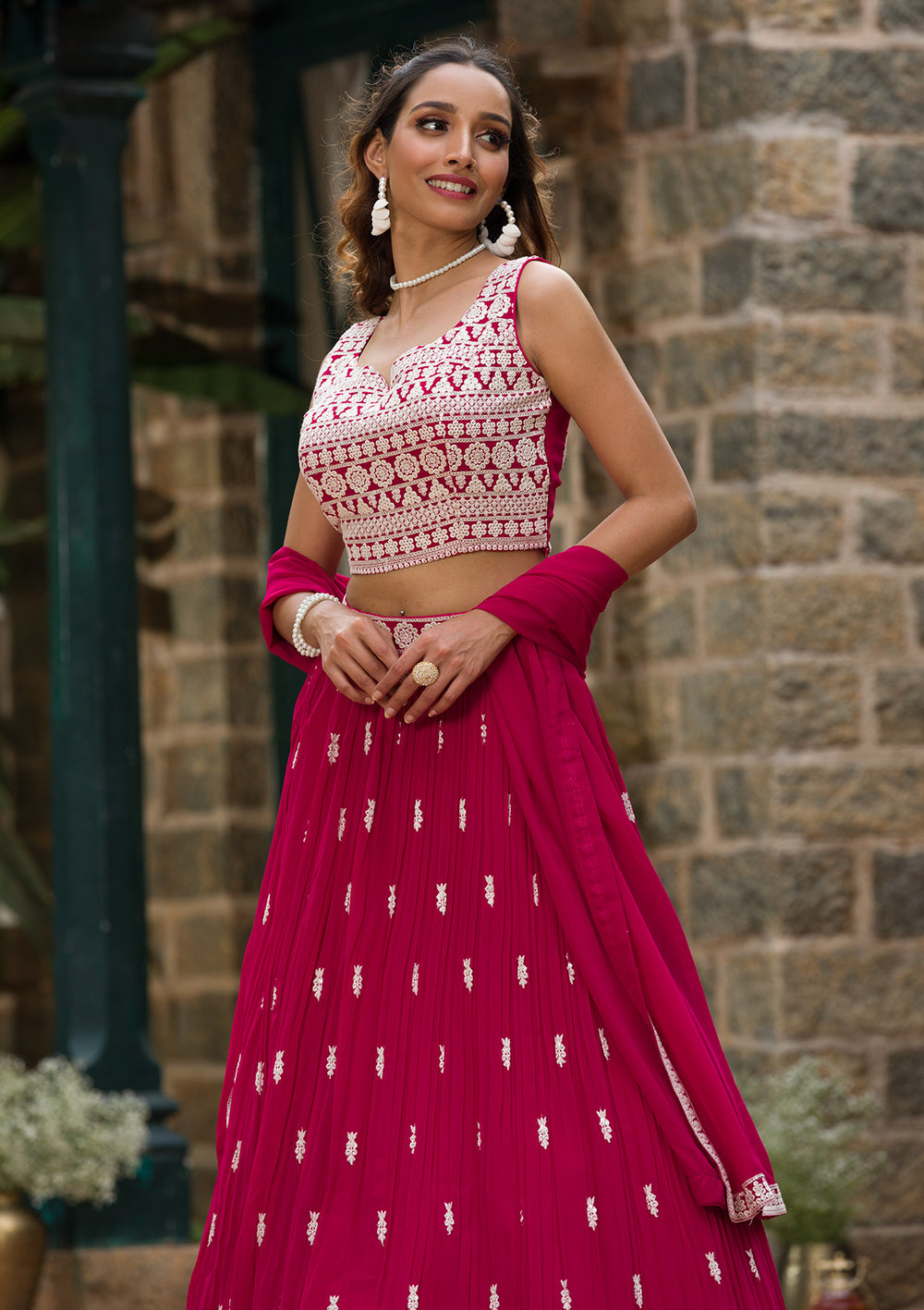 Rani Pink Threadwork Georgette Readymade Lehenga Set-Koskii