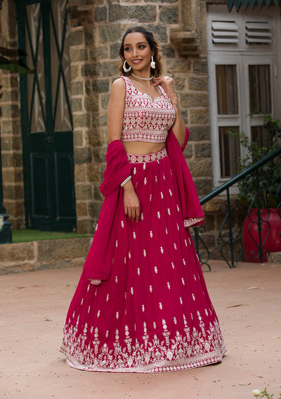 Rani Pink Threadwork Georgette Readymade Lehenga Set-Koskii