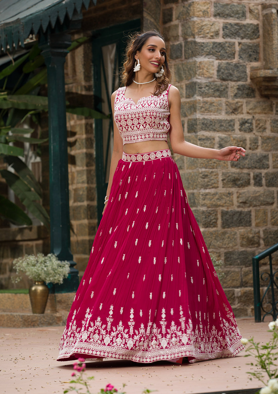 Rani Pink Threadwork Georgette Readymade Lehenga Set-Koskii