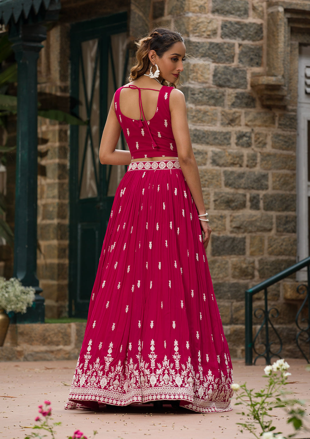 Rani Pink Threadwork Georgette Readymade Lehenga Set-Koskii