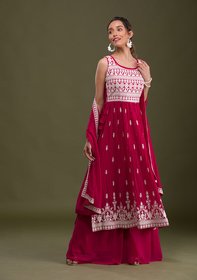 Rani Pink Threadwork Georgette Readymade Salwar Suit-Koskii