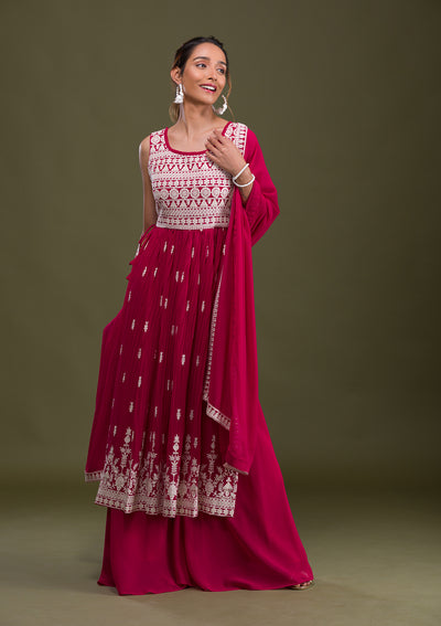 Rani Pink Threadwork Georgette Readymade Salwar Suit-Koskii