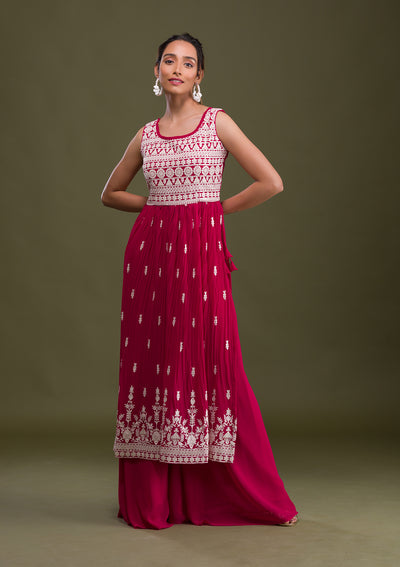 Rani Pink Threadwork Georgette Readymade Salwar Suit-Koskii