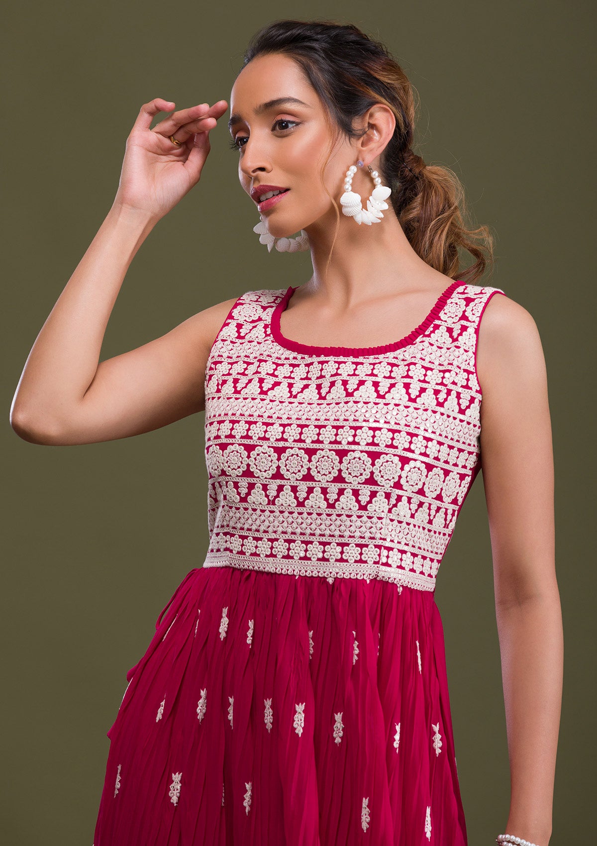 Rani Pink Threadwork Georgette Readymade Salwar Suit-Koskii