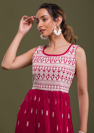 Rani Pink Threadwork Georgette Readymade Salwar Suit-Koskii
