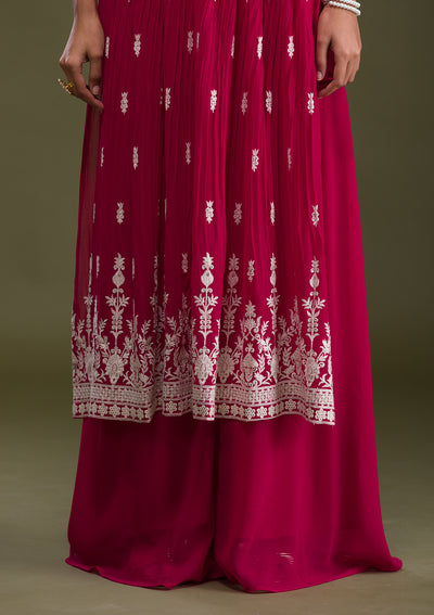 Rani Pink Threadwork Georgette Readymade Salwar Suit-Koskii