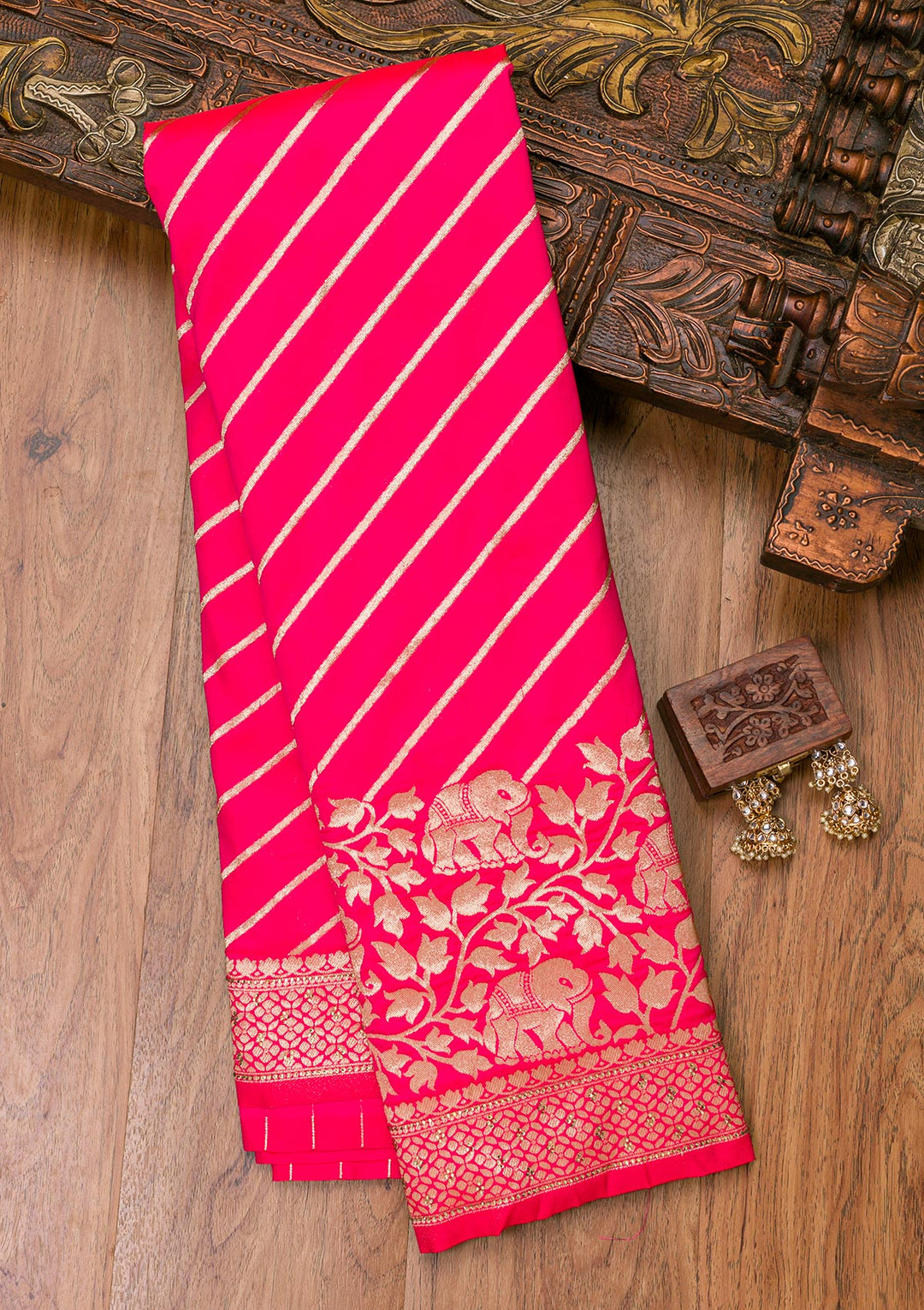 Rani Pink Zariwork Raw Silk Saree-Koskii