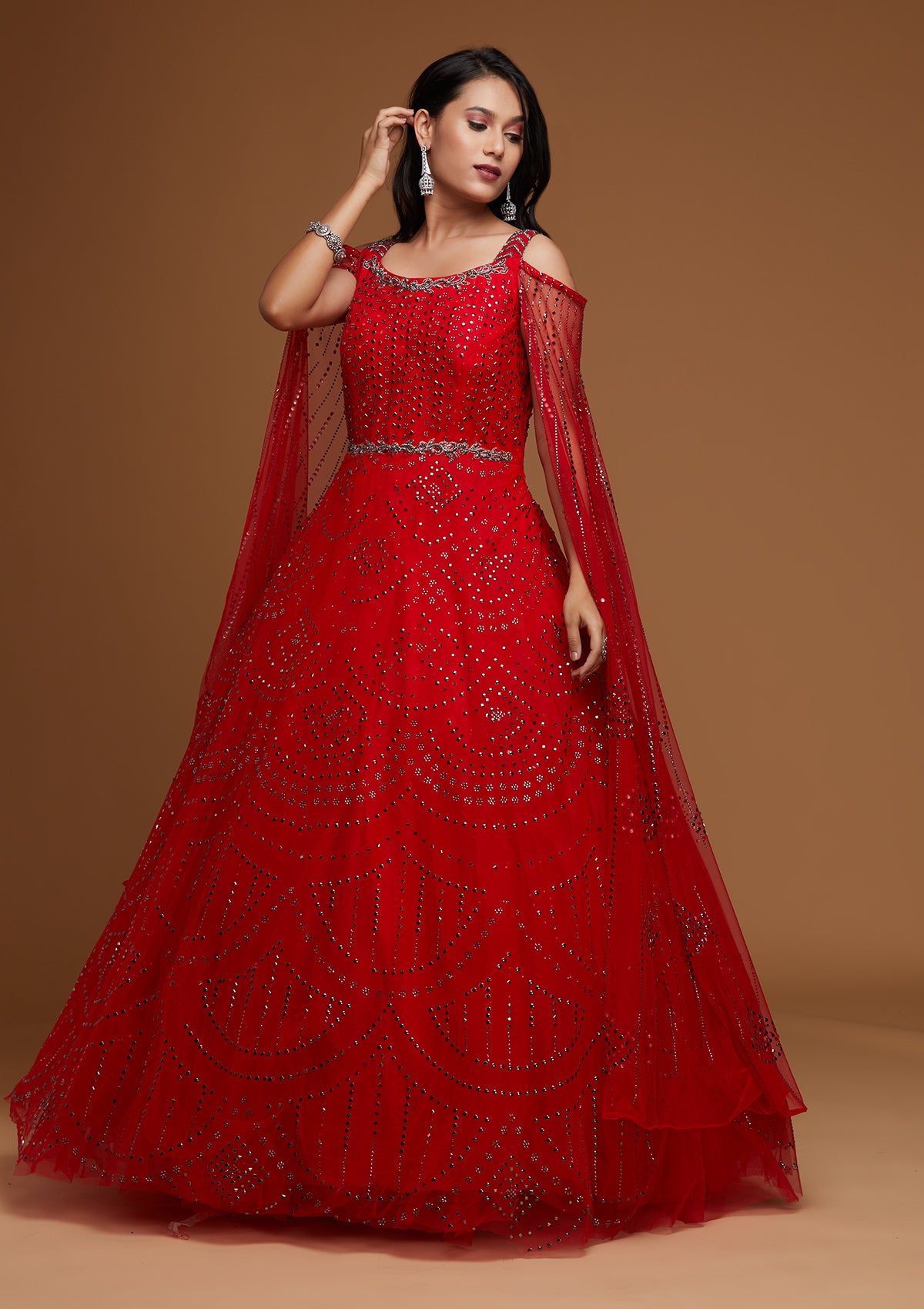 Red Net Kids Party Wear Gown 217133