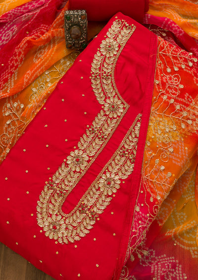 Red Cutdana Semi Crepe Unstitched Salwar Suit-Koskii