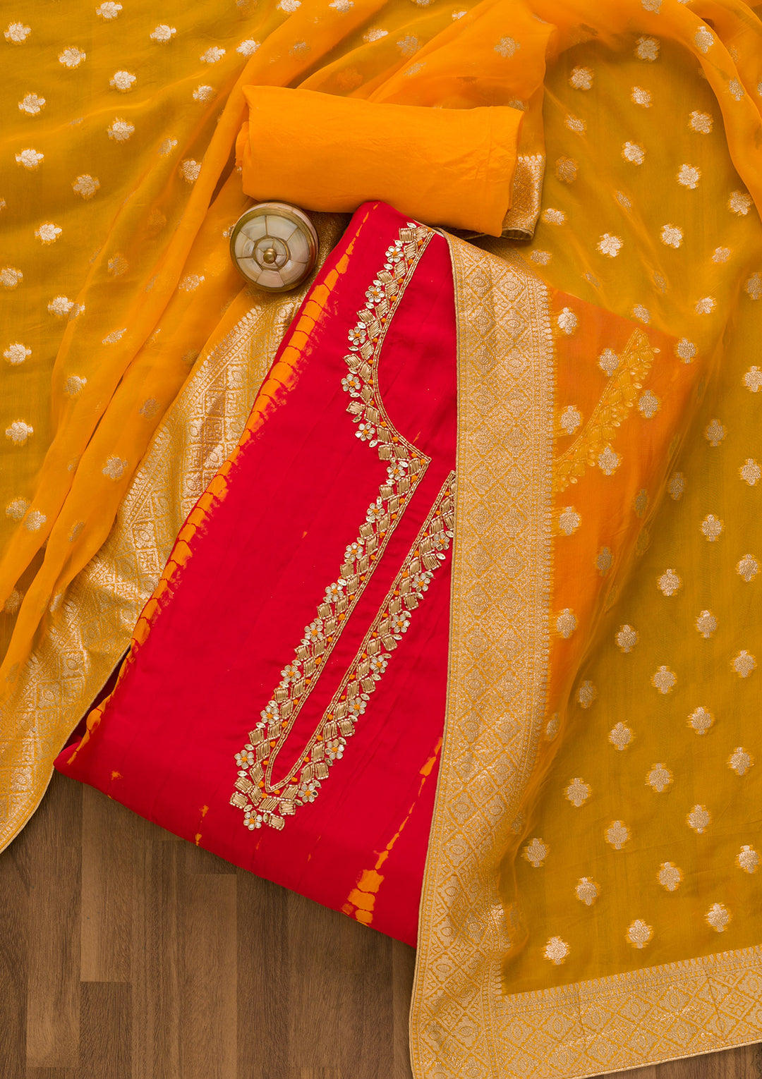 Red Cutdana Soft Silk Unstitched Salwar Suit-Koskii