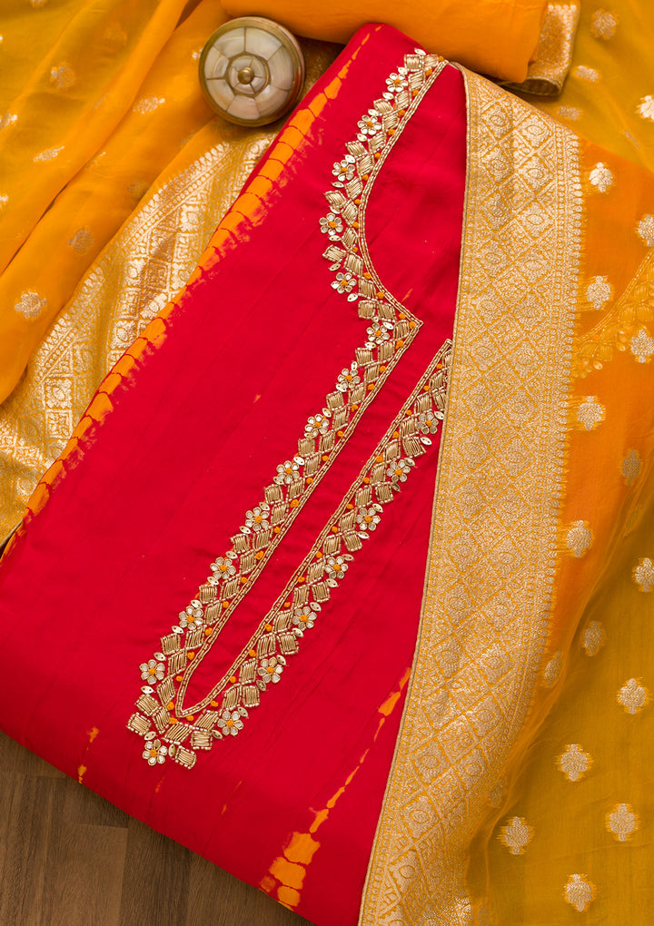 Red Cutdana Soft Silk Unstitched Salwar Suit-Koskii