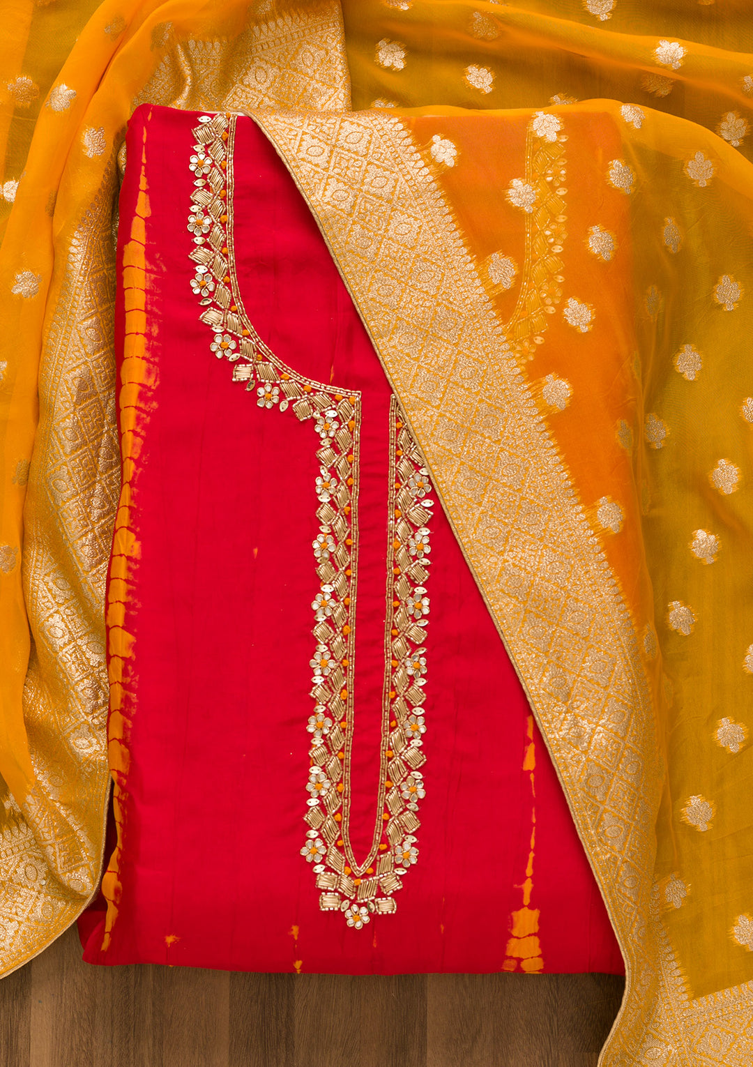 Red Cutdana Soft Silk Unstitched Salwar Suit-Koskii