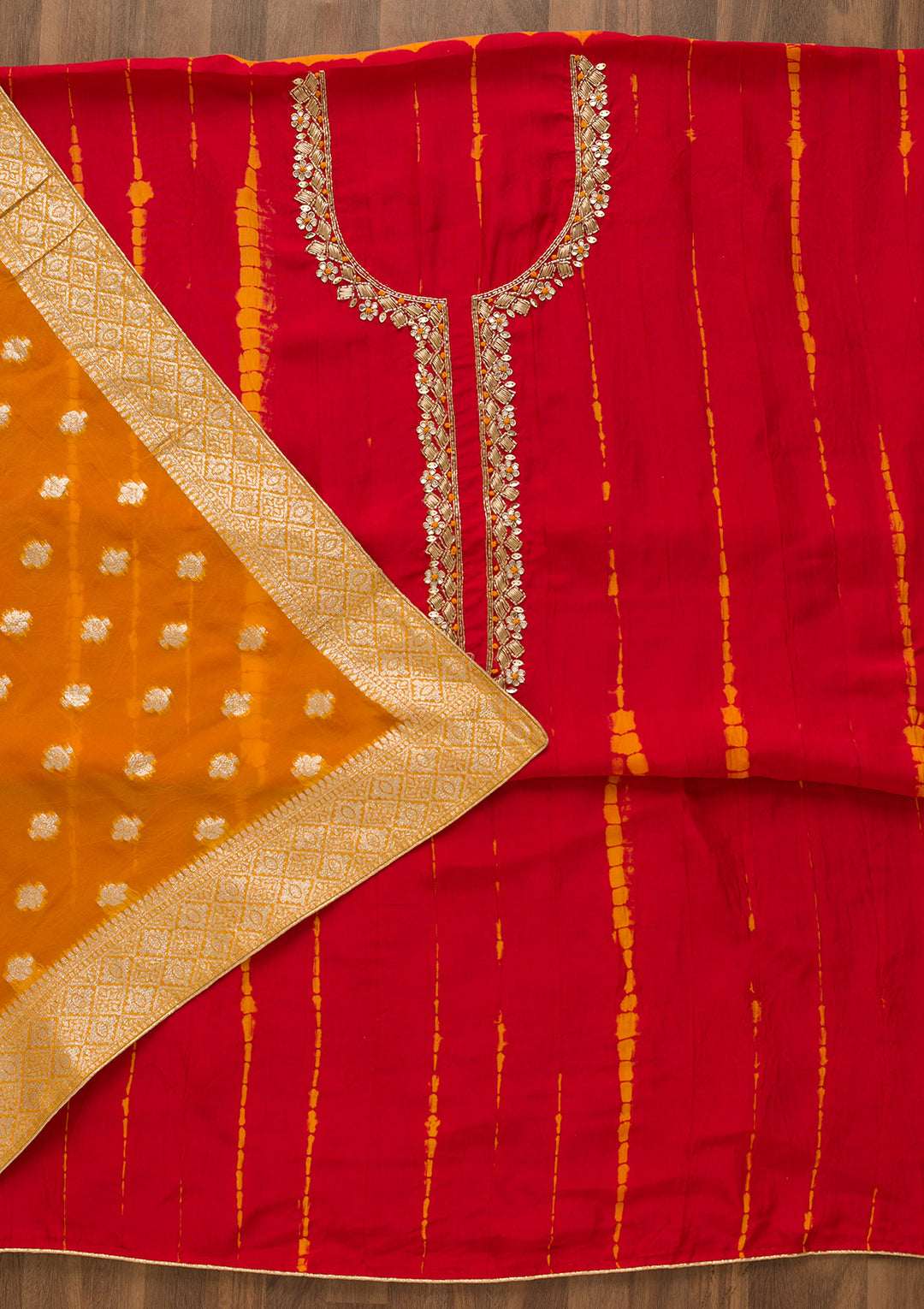 Red Cutdana Soft Silk Unstitched Salwar Suit-Koskii