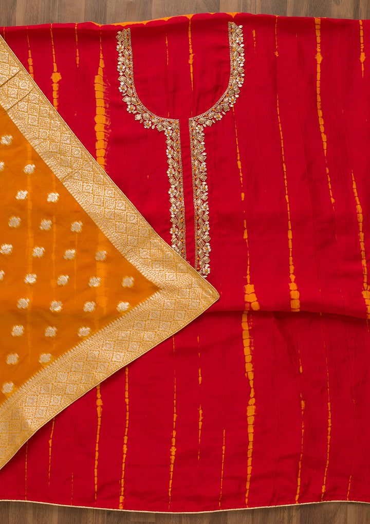 Red Cutdana Soft Silk Unstitched Salwar Suit-Koskii