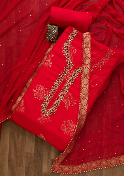 Red Gotapatti Organza Unstitched Salwar Suit-Koskii