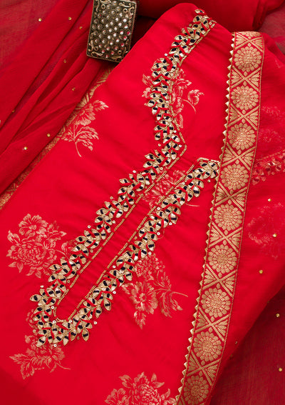 Red Gotapatti Organza Unstitched Salwar Suit-Koskii