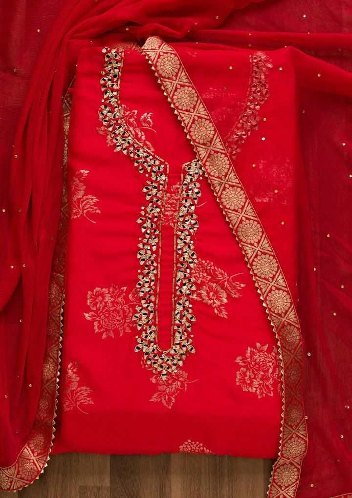 Red Gotapatti Organza Unstitched Salwar Suit-Koskii
