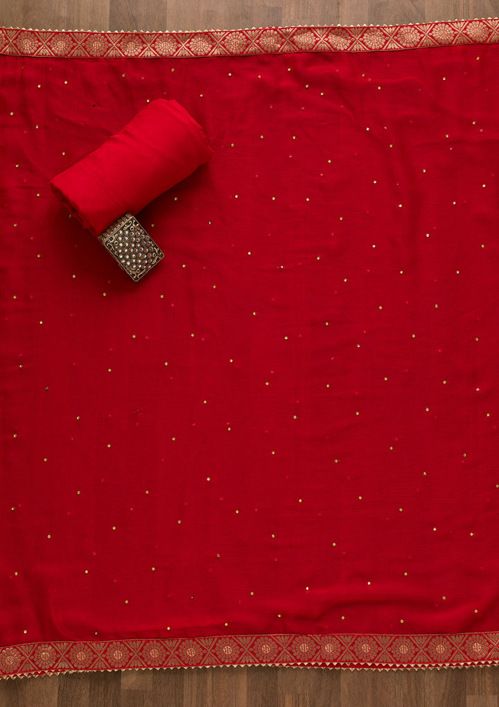 Red Gotapatti Organza Unstitched Salwar Suit-Koskii
