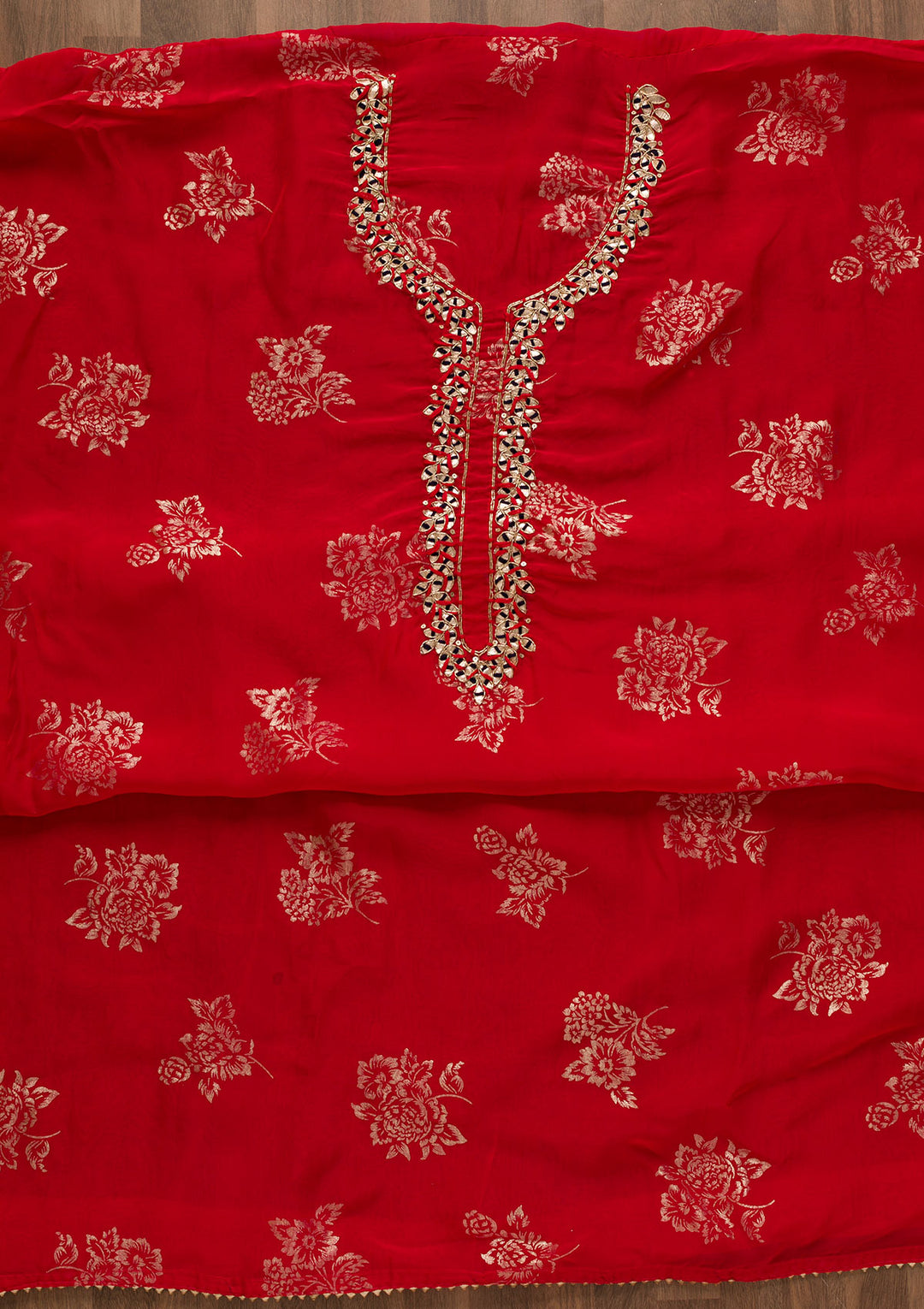 Red Gotapatti Organza Unstitched Salwar Suit-Koskii