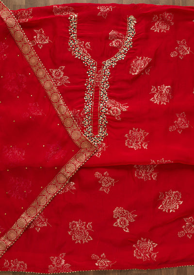 Red Gotapatti Organza Unstitched Salwar Suit-Koskii