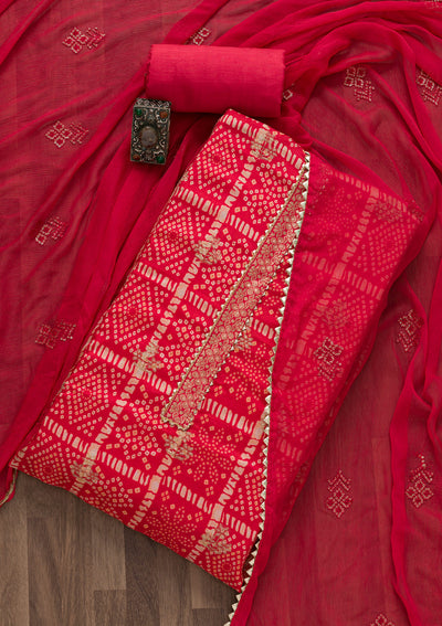 Red Bandhani Semi Crepe Unstitched Salwar Suit-Koskii