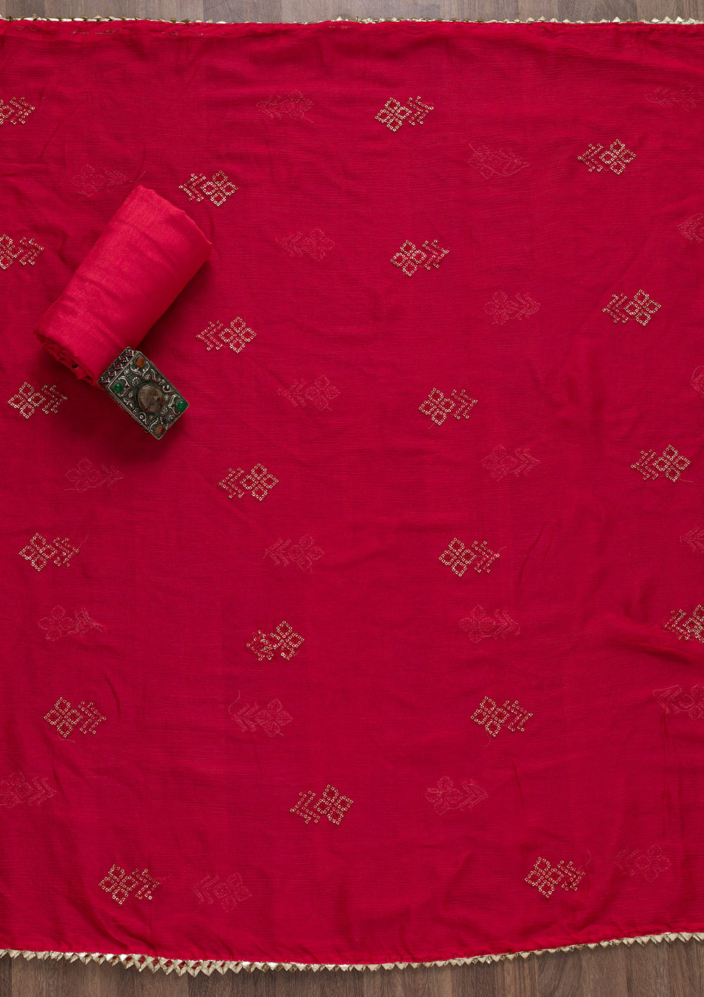 Red Bandhani Semi Crepe Unstitched Salwar Suit-Koskii
