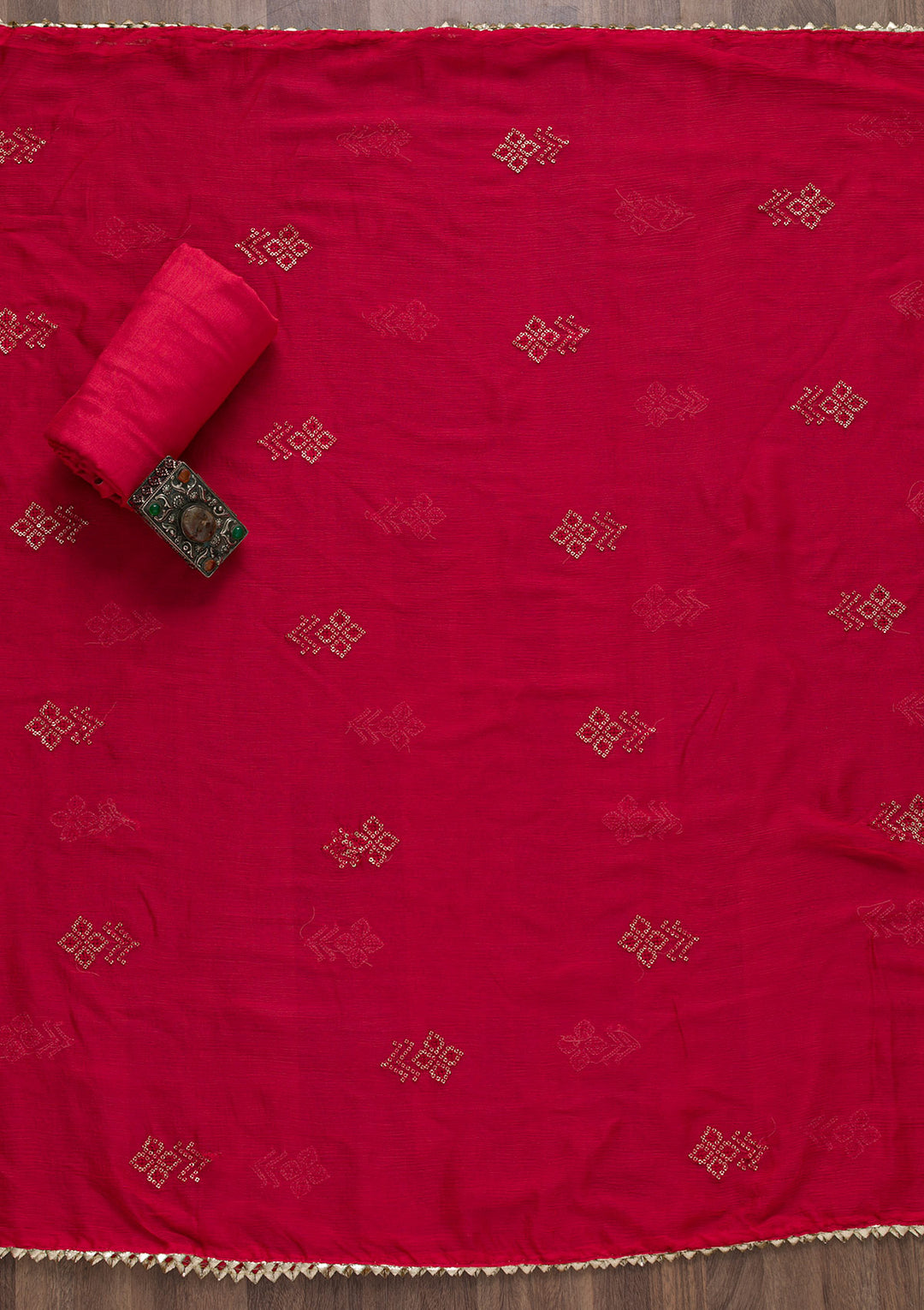 Red Bandhani Semi Crepe Unstitched Salwar Suit-Koskii