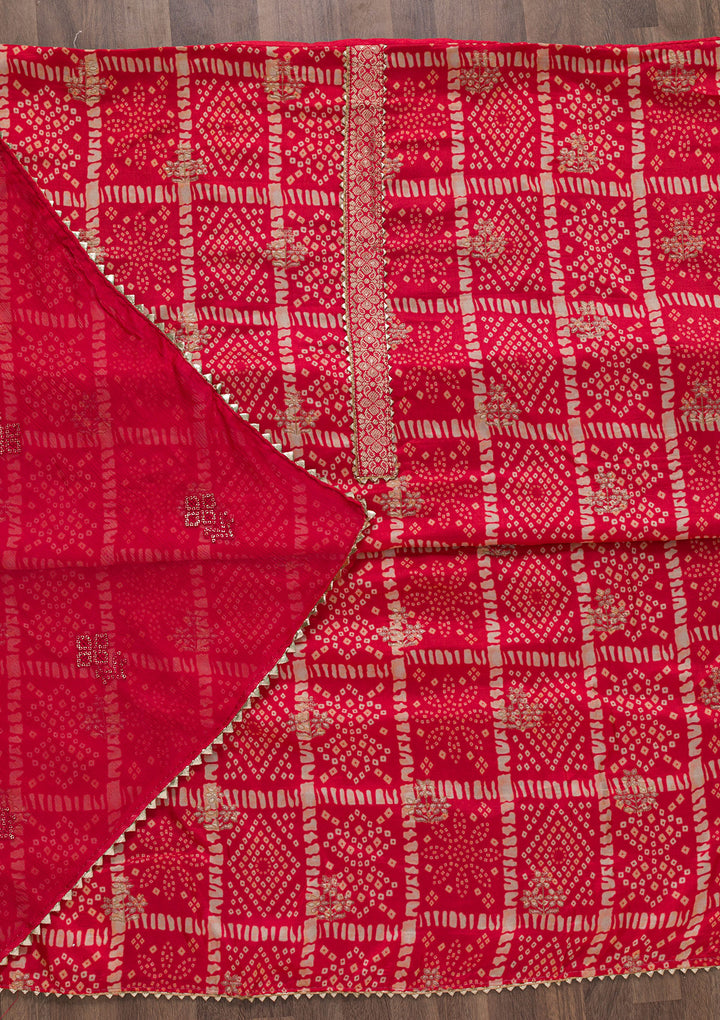 Red Bandhani Semi Crepe Unstitched Salwar Suit-Koskii