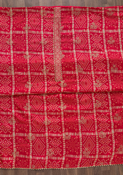 Red Bandhani Semi Crepe Unstitched Salwar Suit-Koskii