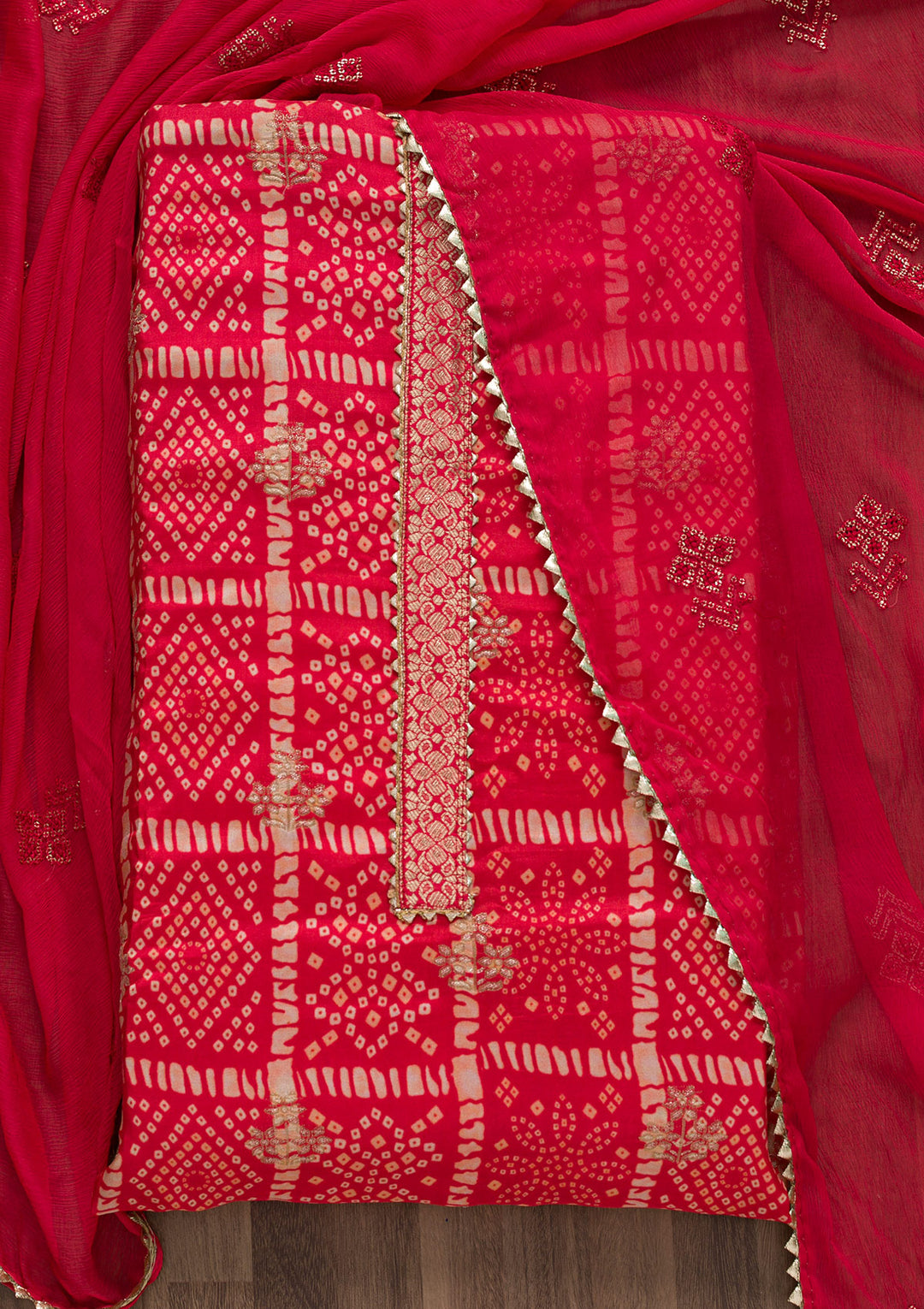 Red Bandhani Semi Crepe Unstitched Salwar Suit-Koskii