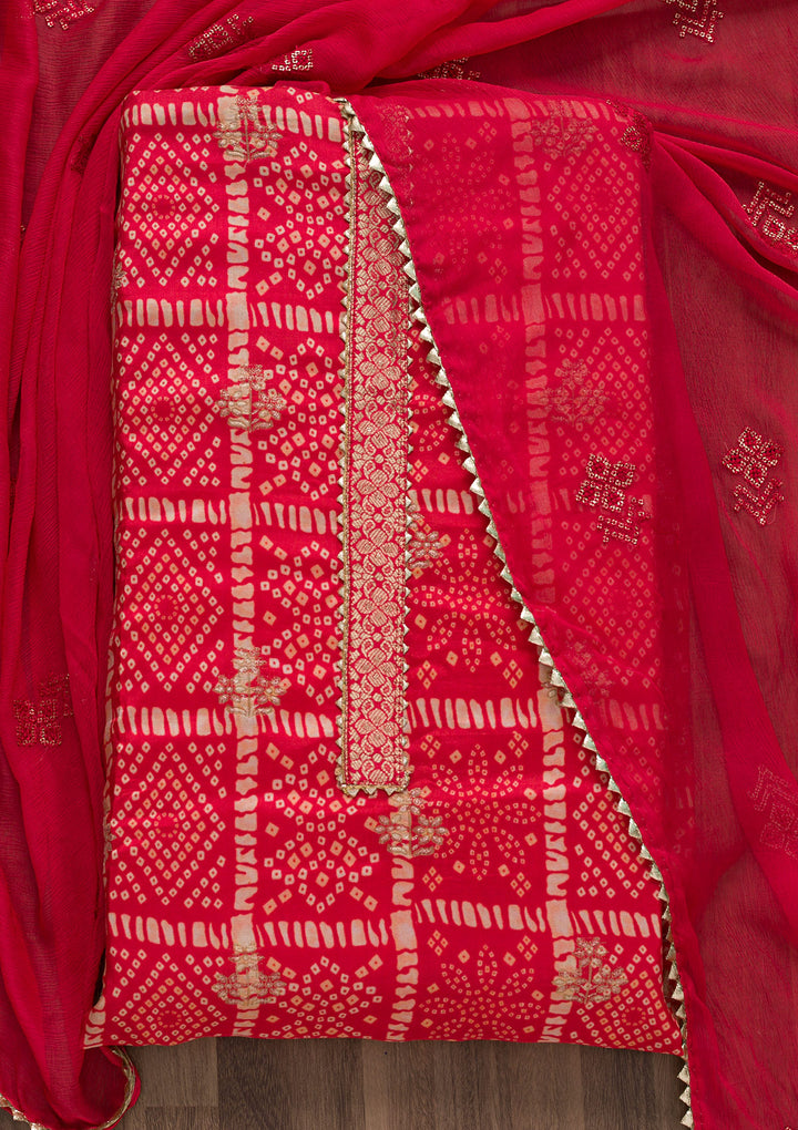 Red Bandhani Semi Crepe Unstitched Salwar Suit-Koskii