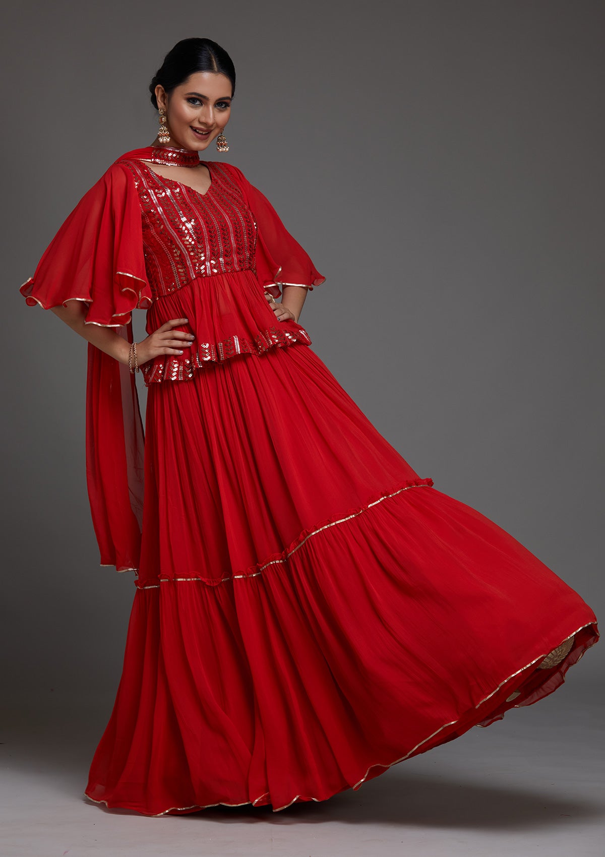Red Sequins Georgette Designer Lehenga - Koskii