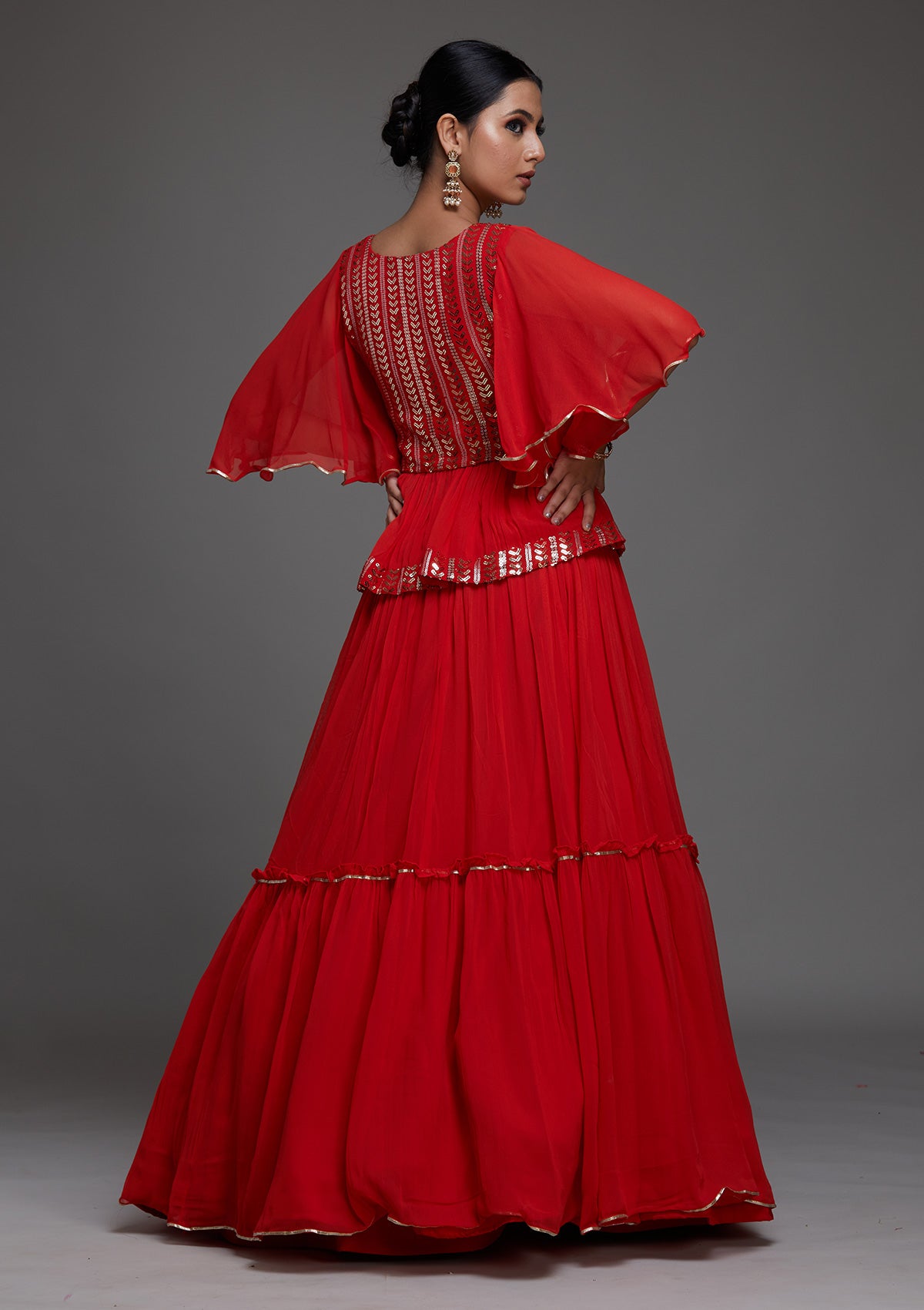 Red Sequins Georgette Designer Lehenga - Koskii