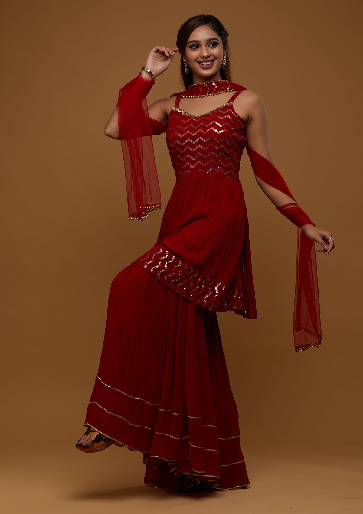 Red Sequins Georgette Designer Salwar Suit - Koskii