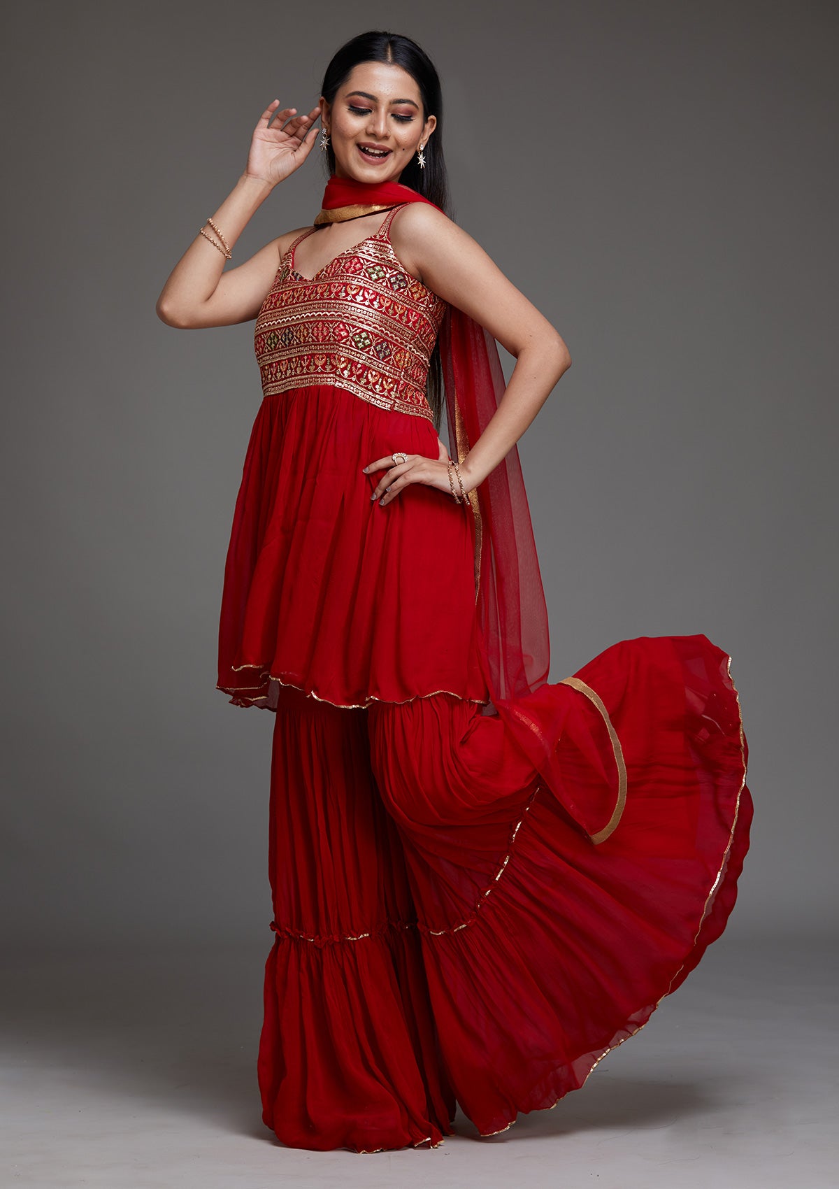 Red Sequins Georgette Designer Salwar Suit- Koskii