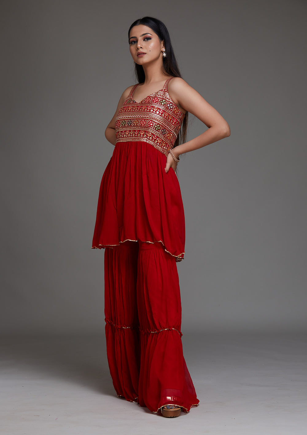 Red Sequins Georgette Designer Salwar Suit - Koskii