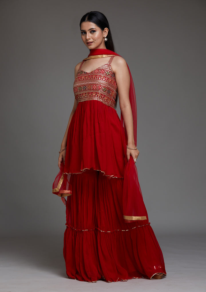 Red Sequins Georgette Designer Salwar Suit - Koskii