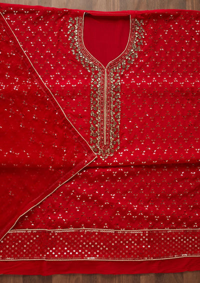Red Sequins Georgette Unstitched Salwar Suit - Koskii