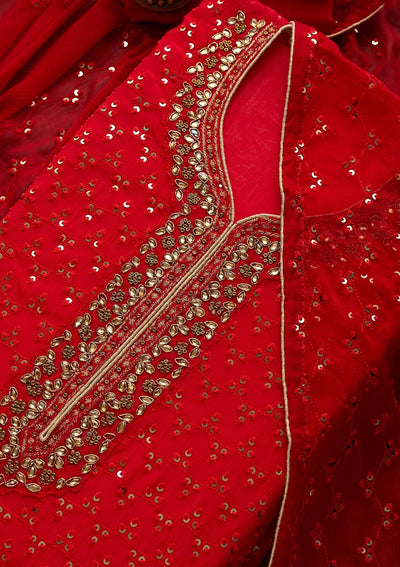 Red Sequins Georgette Unstitched Salwar Suit - Koskii