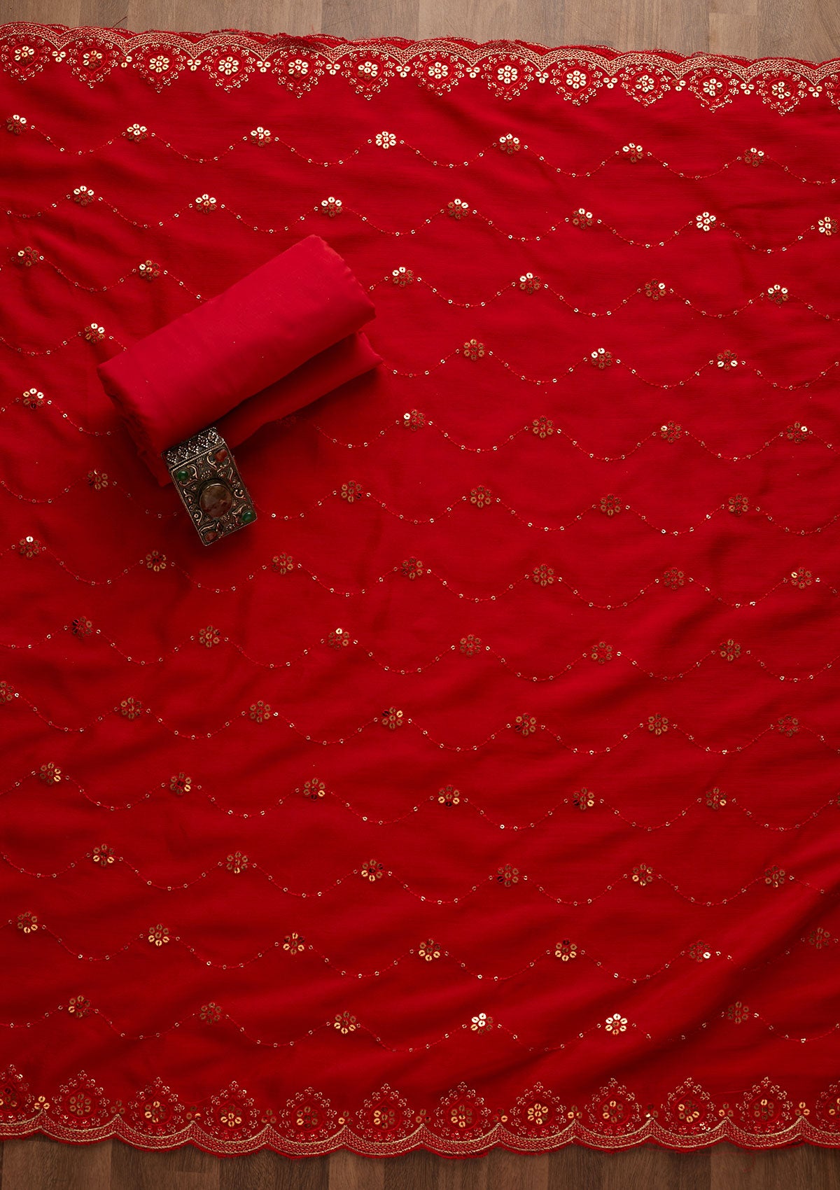 Red Sequins Georgette Unstitched Salwar Suit-Koskii